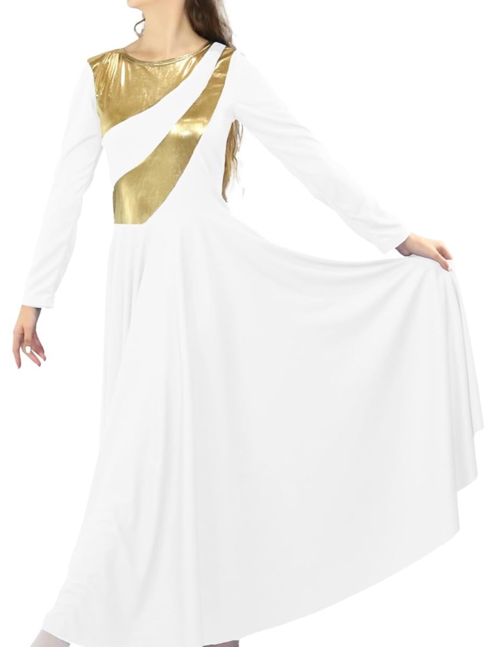 White Praise Dance Maxi Dress with Gold Metallic Accent